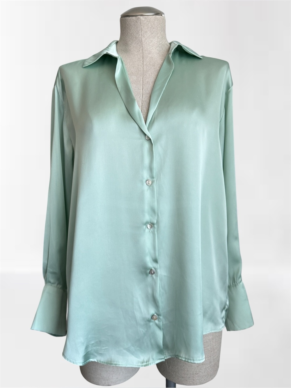 Zara Satin Button-Up Blouse – Size S | Mint Green